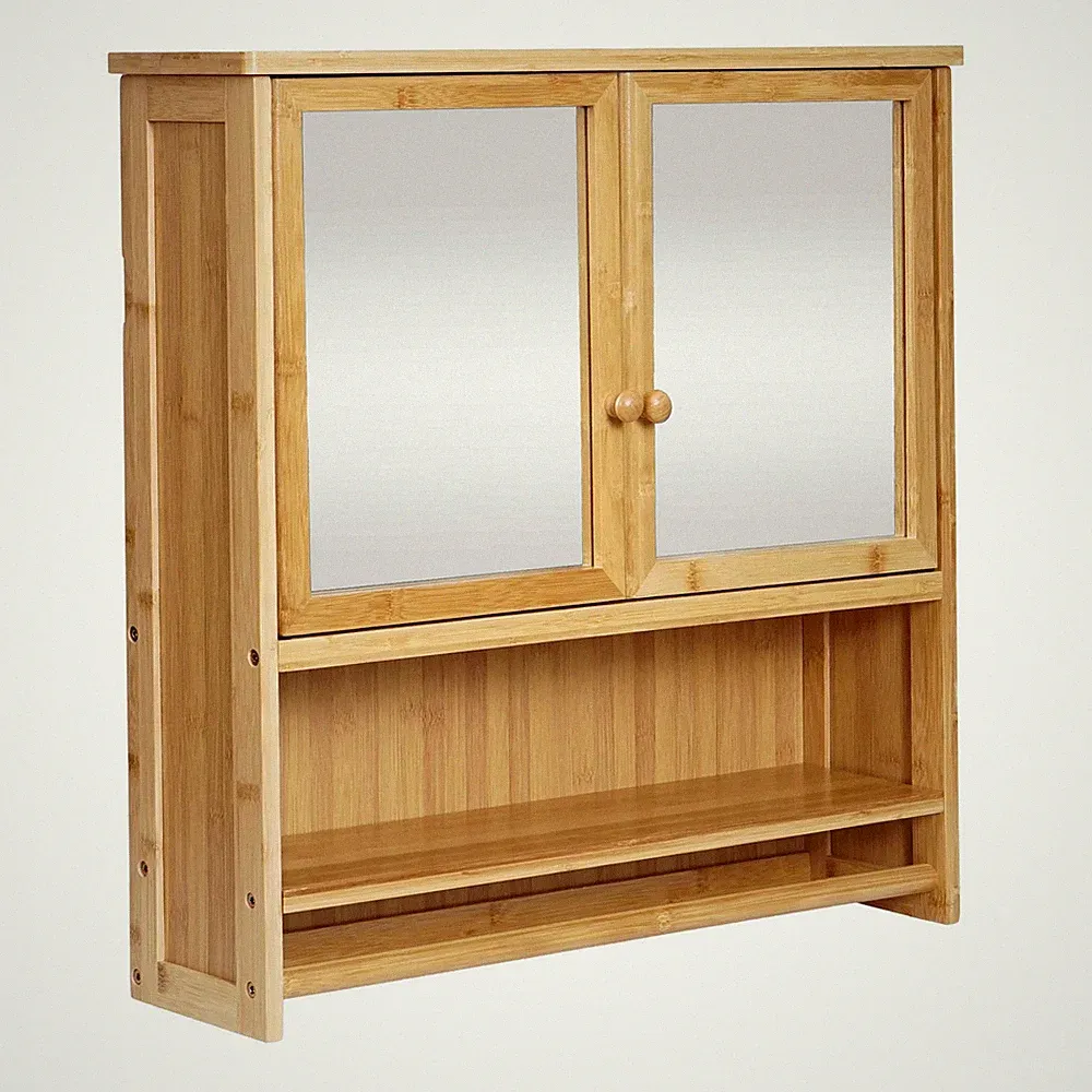 B-Ware Spiegelschrank MCW-B18, 3 Regalböden 2 Türen Spiegel Bambus 62x66x15cm