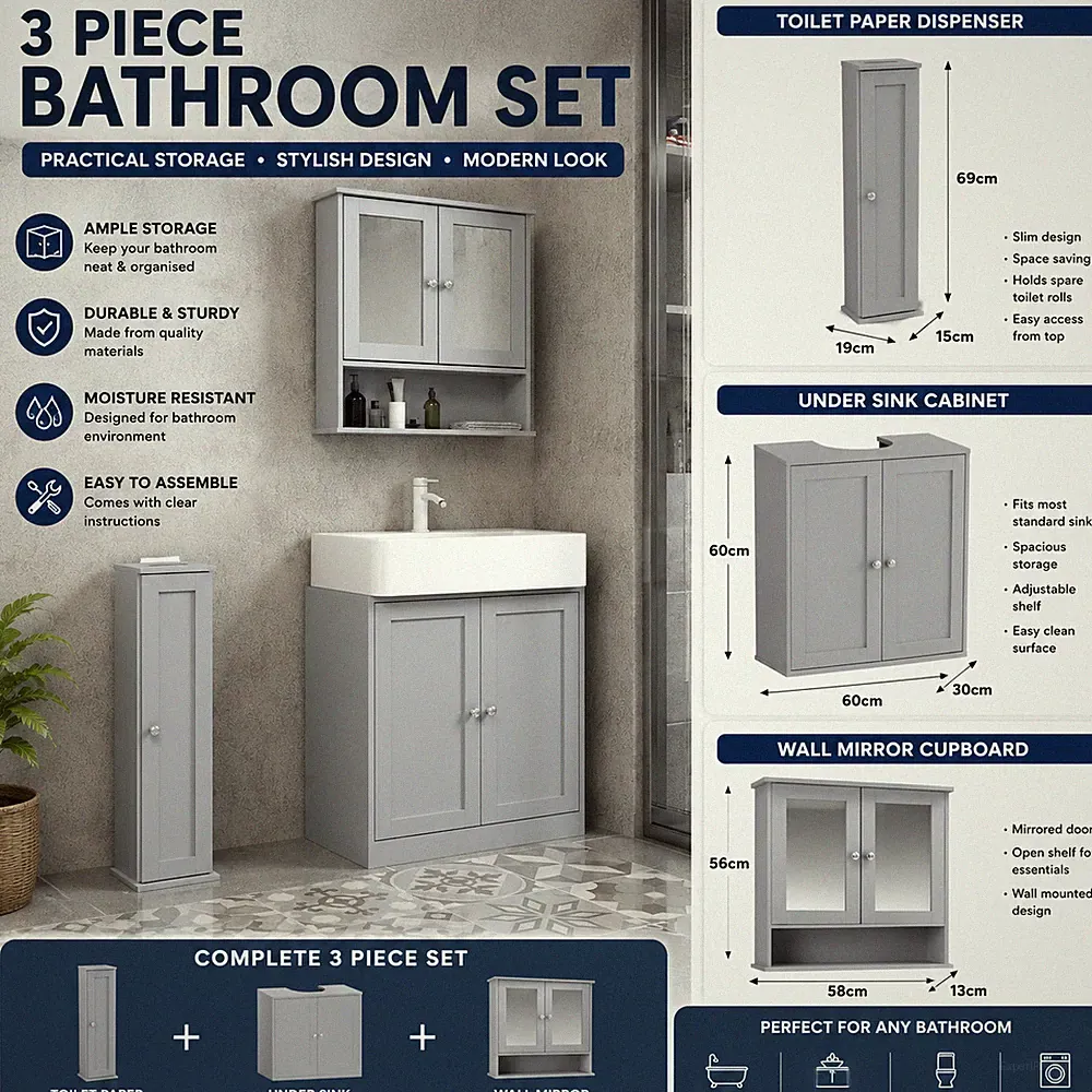 Bad Aufbewahrung Möbel Set Spiegelschrank Waschtischunterschrank Toilettenrollenschrank