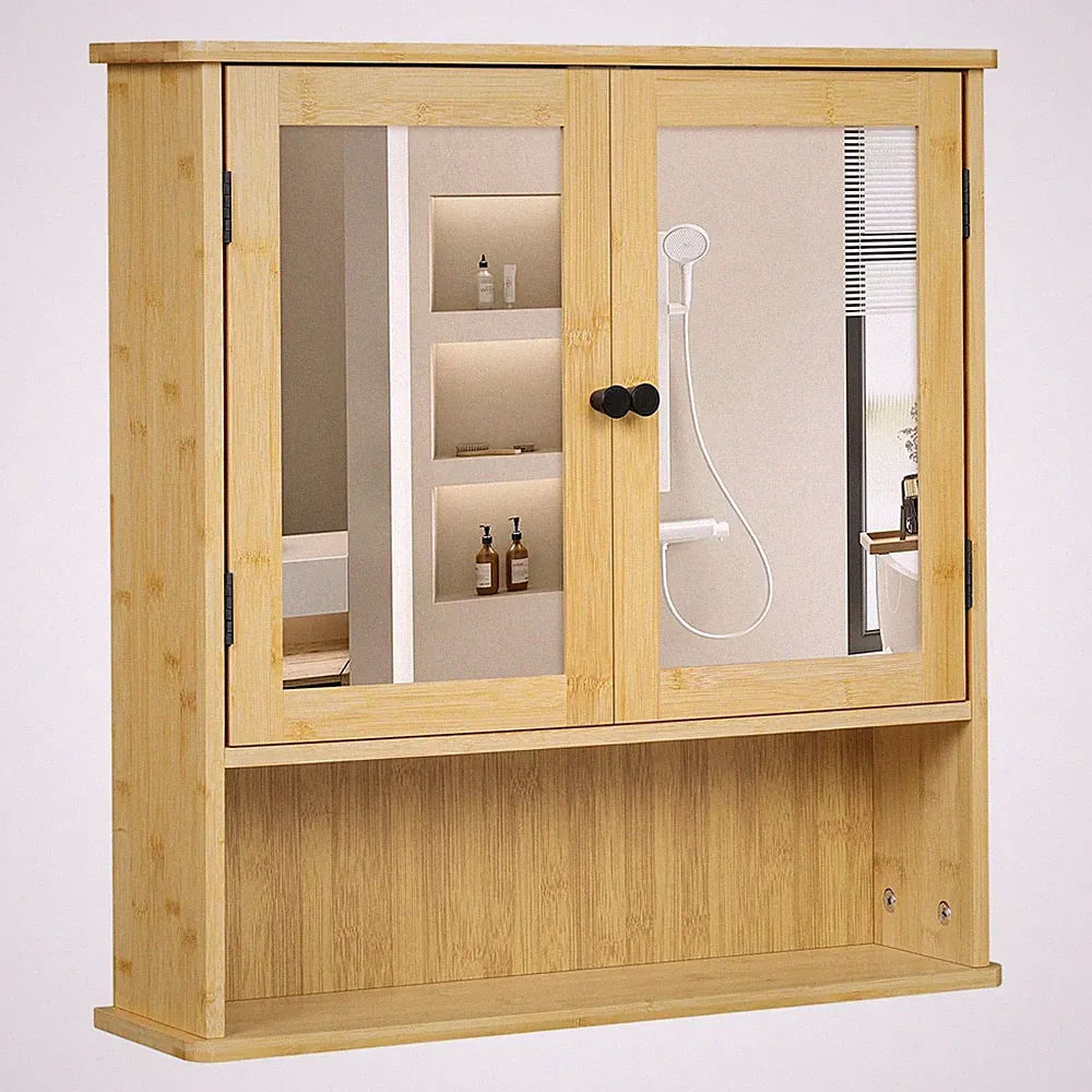 Bad Hängeschrank mit Spiegel und Bambustüren, Schrank wenig