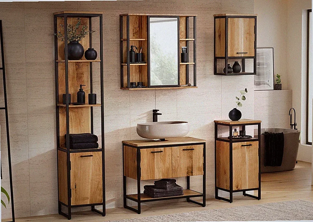 Bad komplett 5-tlg. 'Derry' Eiche massiv & Metall schwarz niedriger Oberschrank