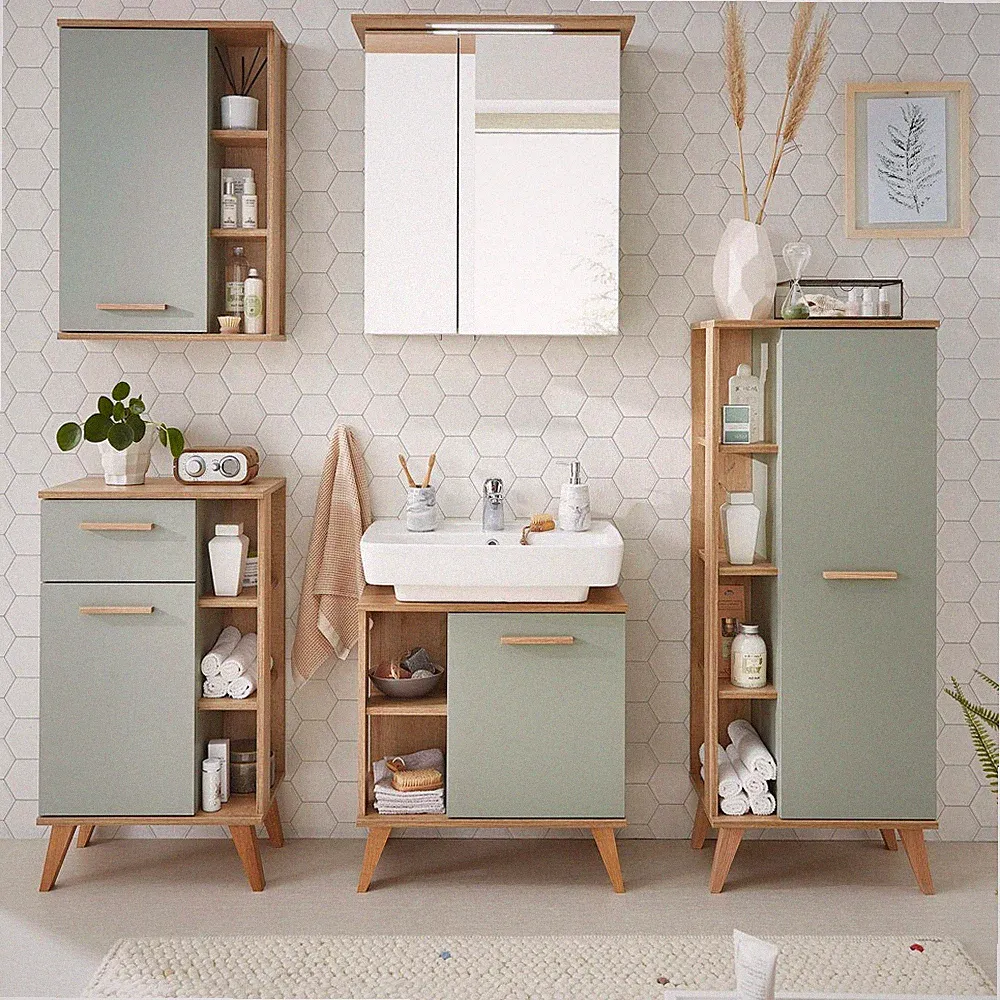 Bad Komplett Set, 5-teilig, mit Beleuchtung, Spiegelschrank, Steckdose, flexibel