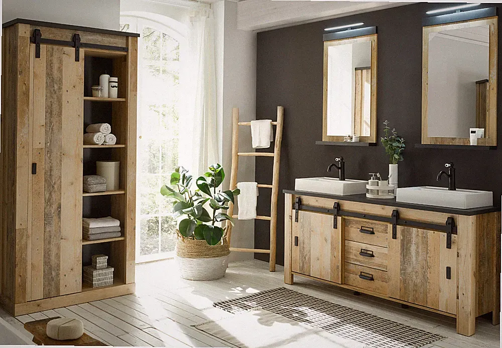 Bad Möbel komplett Set Badezimmer mit Doppelwaschtisch Waschbecken Schrank Stove