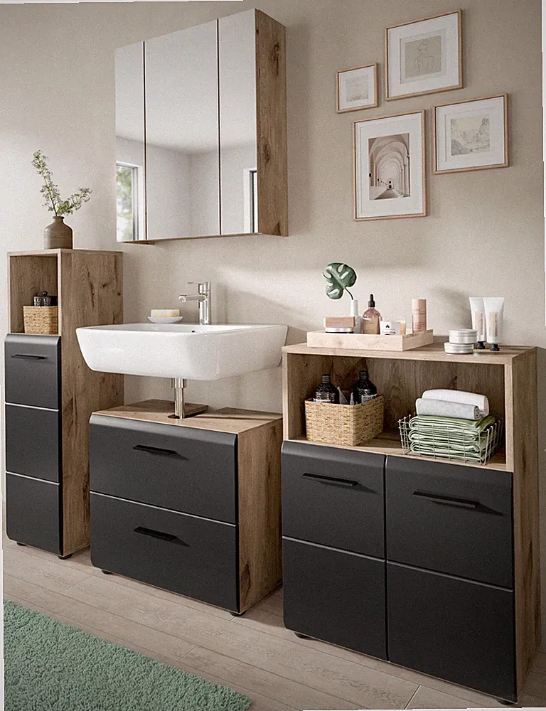 Bad Möbel Set Badezimmer Schrankset 4-tlg. Schwarz Eiche 180 cm 16 Fächer Cover