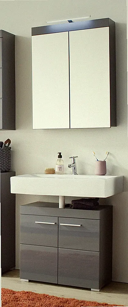 Bad Möbel Set grau Hochglanz Badezimmer Spiegelschrank Unterschrank Amanda 60 cm