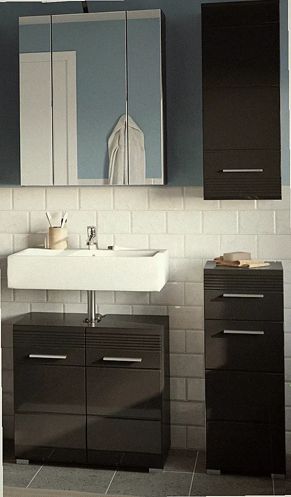 Bad Möbel Set schwarz Hochglanz Badezimmer Badset 4 Badschrank Beleuchtung Leon