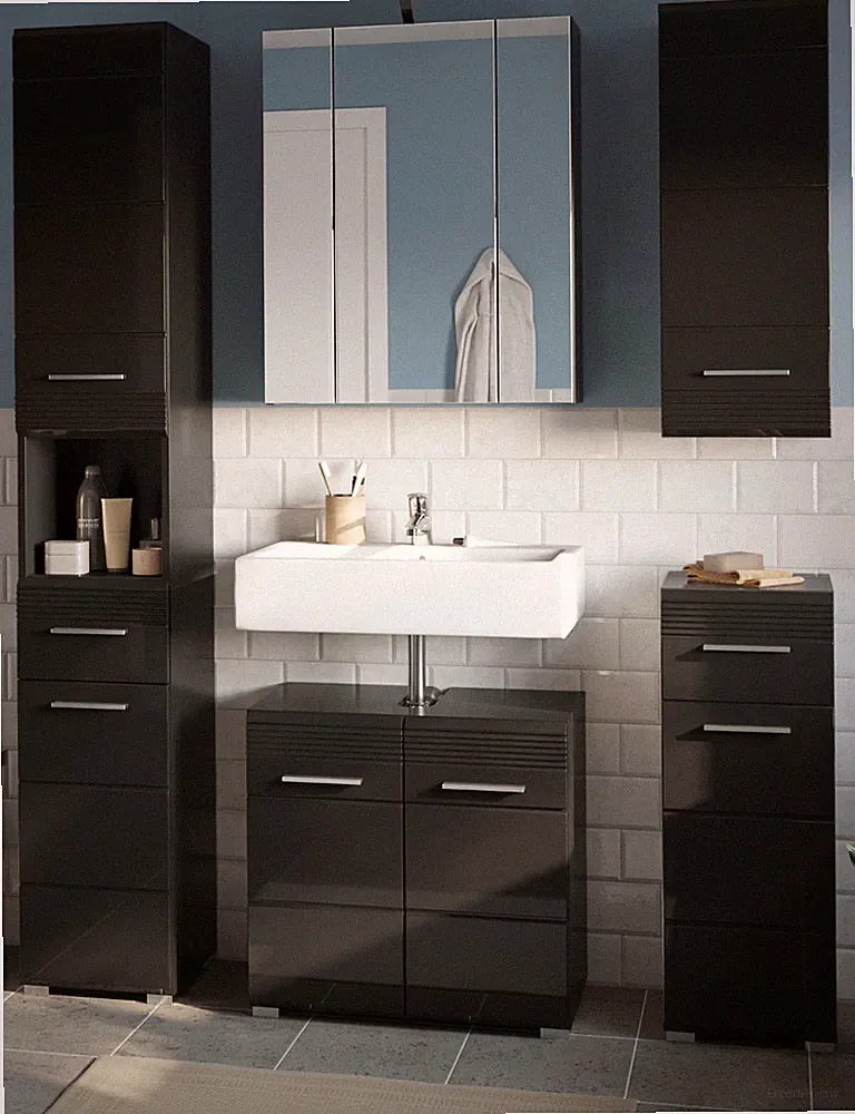 Bad Möbel Set schwarz Hochglanz Badezimmer Badset komplett 5x Badschrank Leon