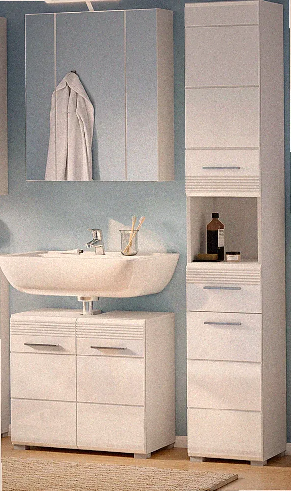 Bad Möbel Set weiß Hochglanz Badezimmer Badset 3-tlg. mit Spiegelschrank Leon