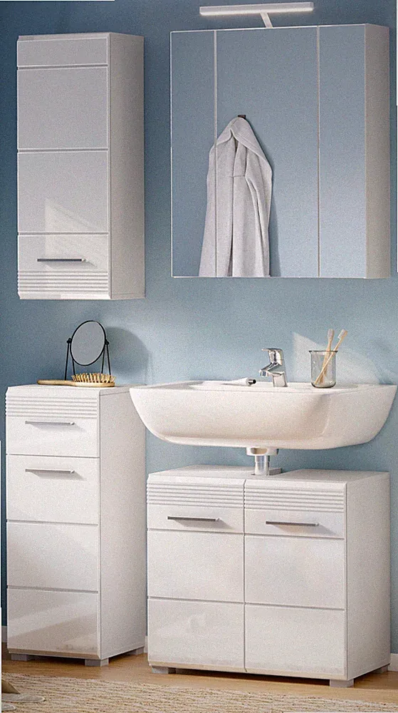 Bad Möbel Set weiß Hochglanz Badezimmer Badset 4x Badschrank Beleuchtung Leon