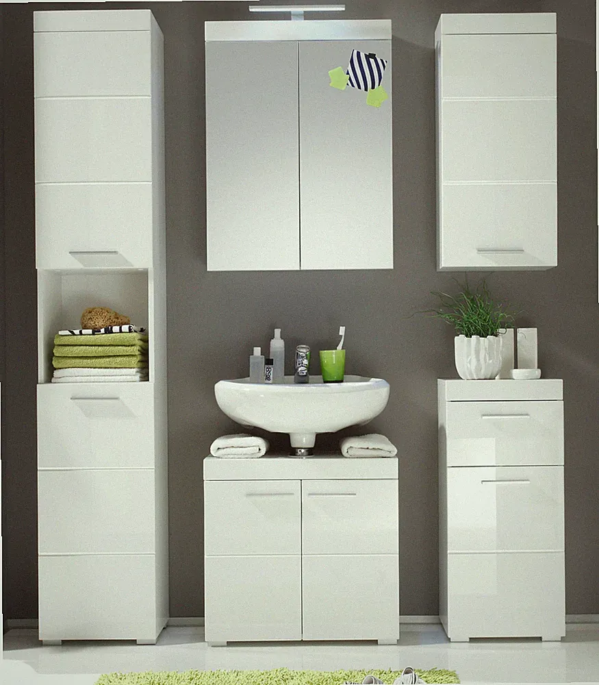 Bad Möbel Set weiß Hochglanz Badezimmer Badset komplett 5-tlg. Badschrank Amanda