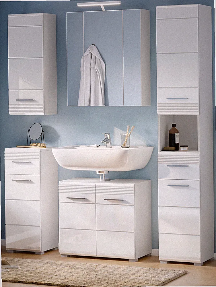 Bad Möbel Set weiß Hochglanz Badezimmer Badset komplett 5x Badschrank LED Leon
