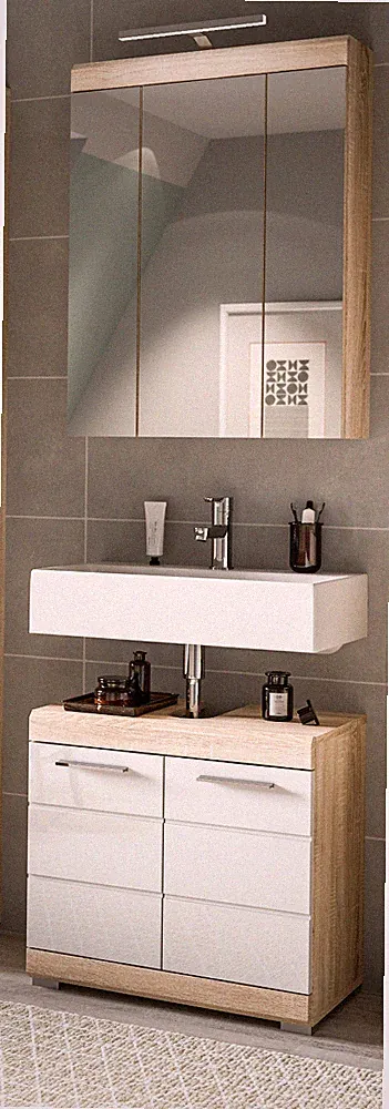 Bad Möbel Set weiß Hochglanz Eiche Badezimmer Badset 2-tl Spiegelschrank Mambo