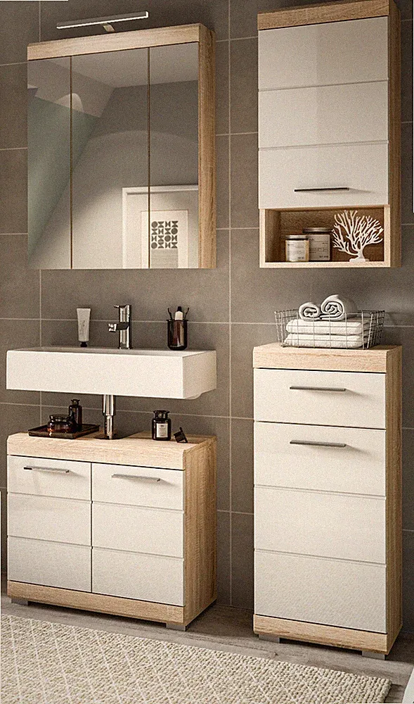 Bad Möbel Set weiß Hochglanz Eiche Badezimmer Badset 4-tl Spiegelschrank Mambo