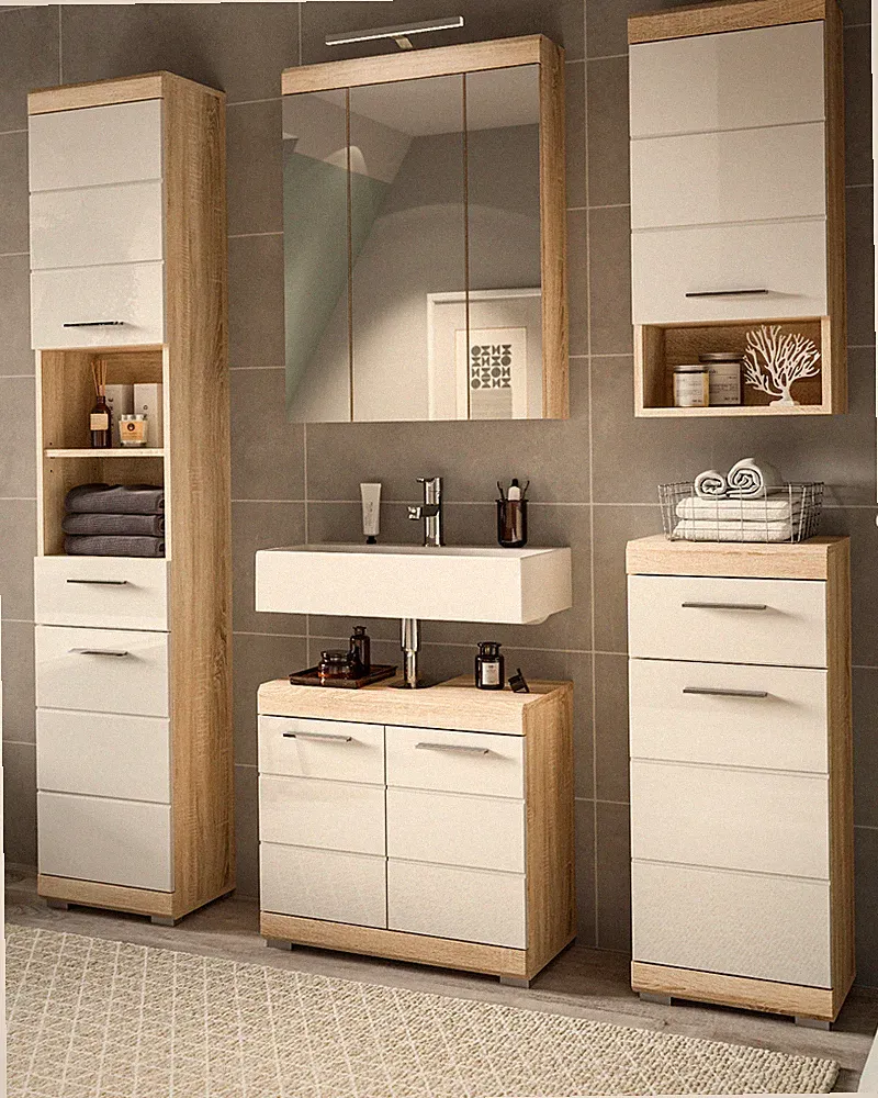 Bad Möbel Set weiß Hochglanz Eiche Badezimmer Badset komplett Badschrank Mambo
