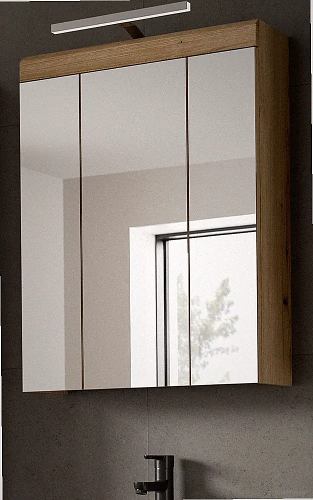 Bad Spiegelschrank Badezimmer Spiegel Eiche 3-türig 3D 60 cm Beleuchtung Shawn