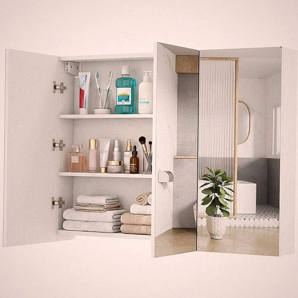 Bad Spiegelschrank mit 3 Türen 6 Fächer Einbau Wandmontage Weiß 87 cm