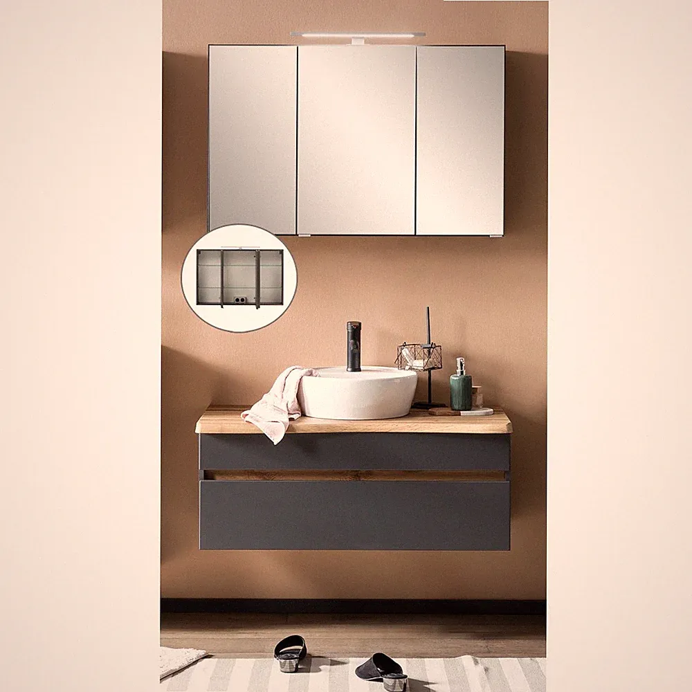 Bad Waschtisch Spiegelschrank Waschtischunterschrank 100cm Waschplatz grau Eiche