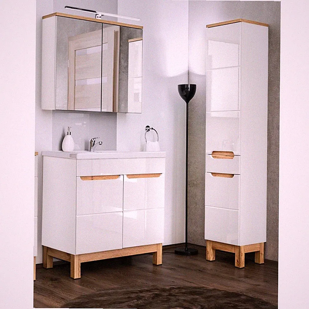 Bademöbel Set weiß Hochglanz Keramik Waschtisch LED Spiegelschrank Hochschrank