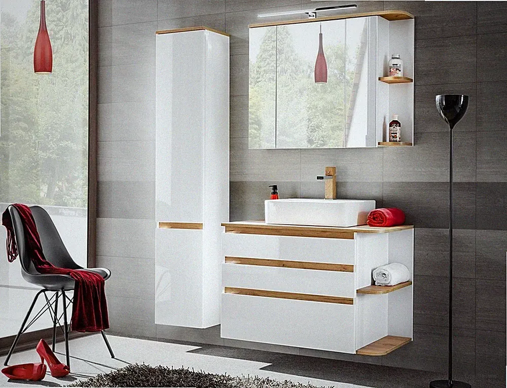 Badezimmer 3-tlg. PLATINUM 94cm | Waschplatz, Hoch- + Spiegelschrank weiss-eiche