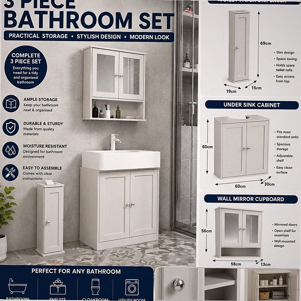 Badezimmer Aufbewahrung Möbel Set Spiegelschrank Waschtischunterschrank Toilettenpapierspender