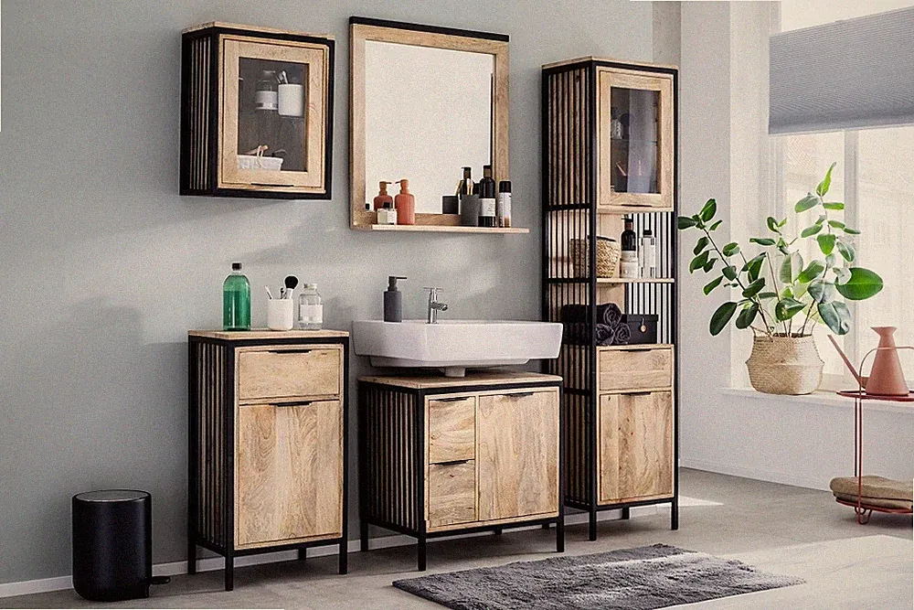 Badezimmer Bad komplett 5-tlg. Massivholz Mango & Metall schwarz NEU OVP!!!