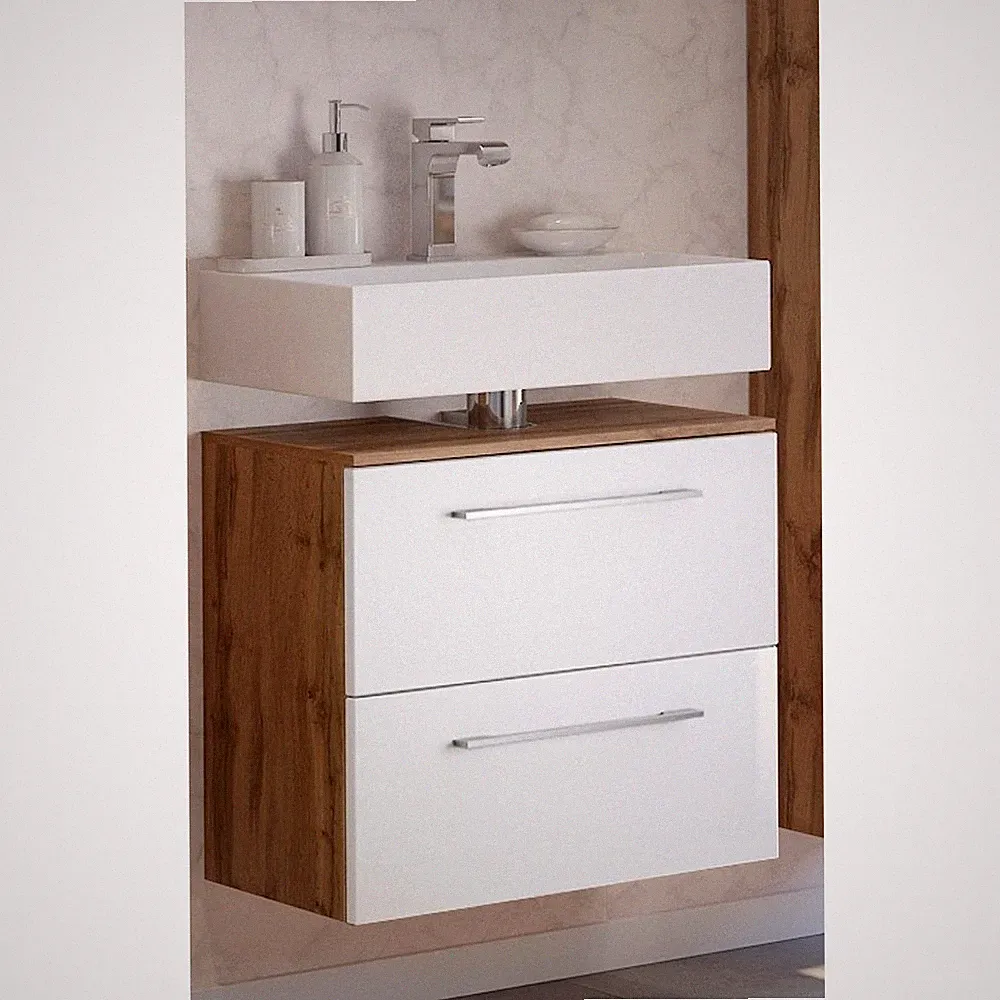 Badezimmer Bad Waschbeckenschrank Waschtisch-Unterschrank Wotaneiche matt weiß