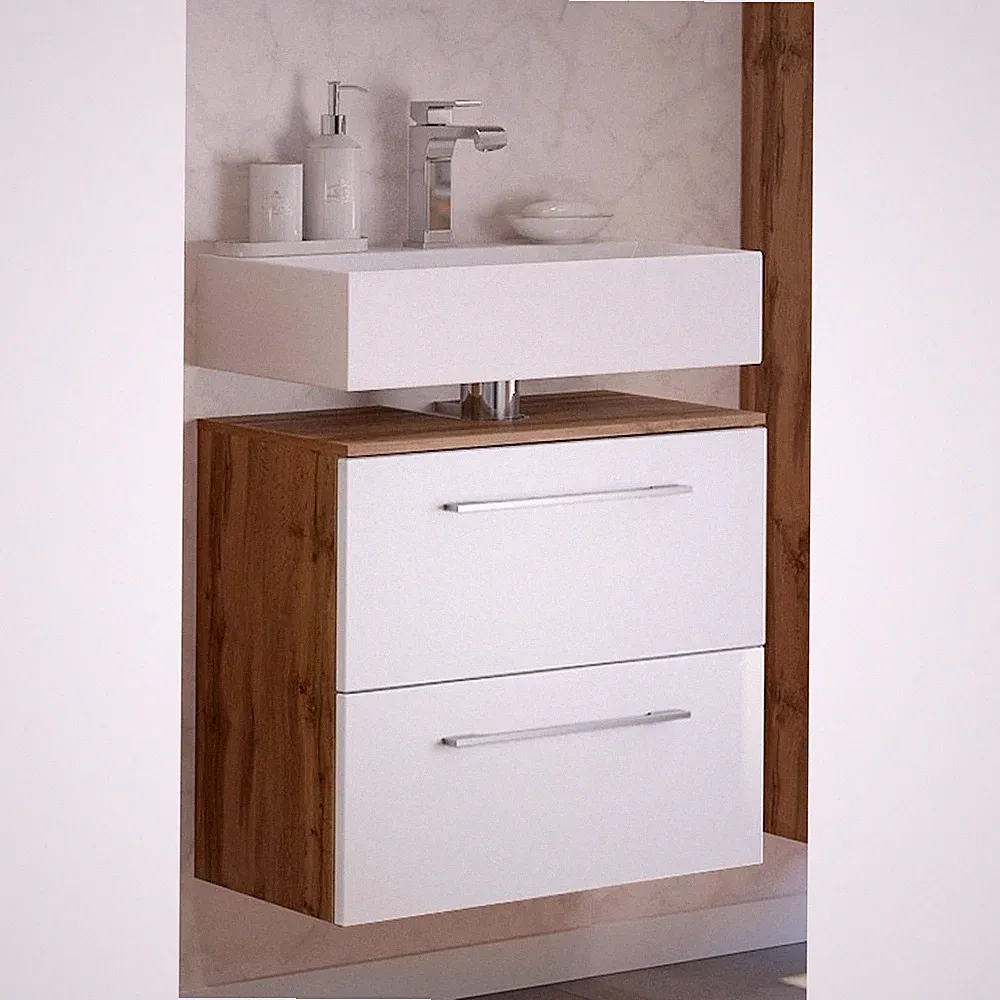 Badezimmer Bad Waschbeckenschrank Waschtisch-Unterschrank Wotaneiche matt weiß