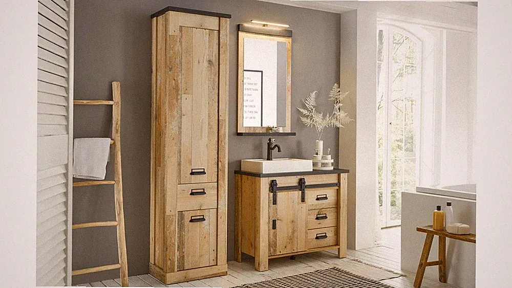 Badezimmer Badmöbel Badset Sherwood B5 Old Style hell anthrazit Becken und LED