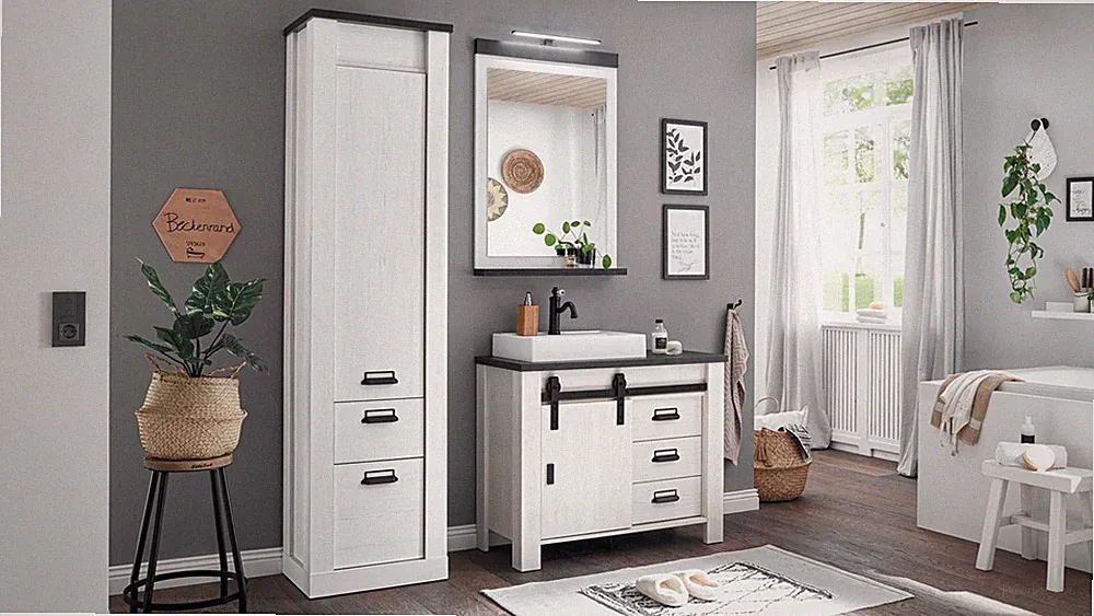 Badezimmer Badmöbel Badset Sherwood B5 Pinie weiß anthrazit Waschbecken und LED