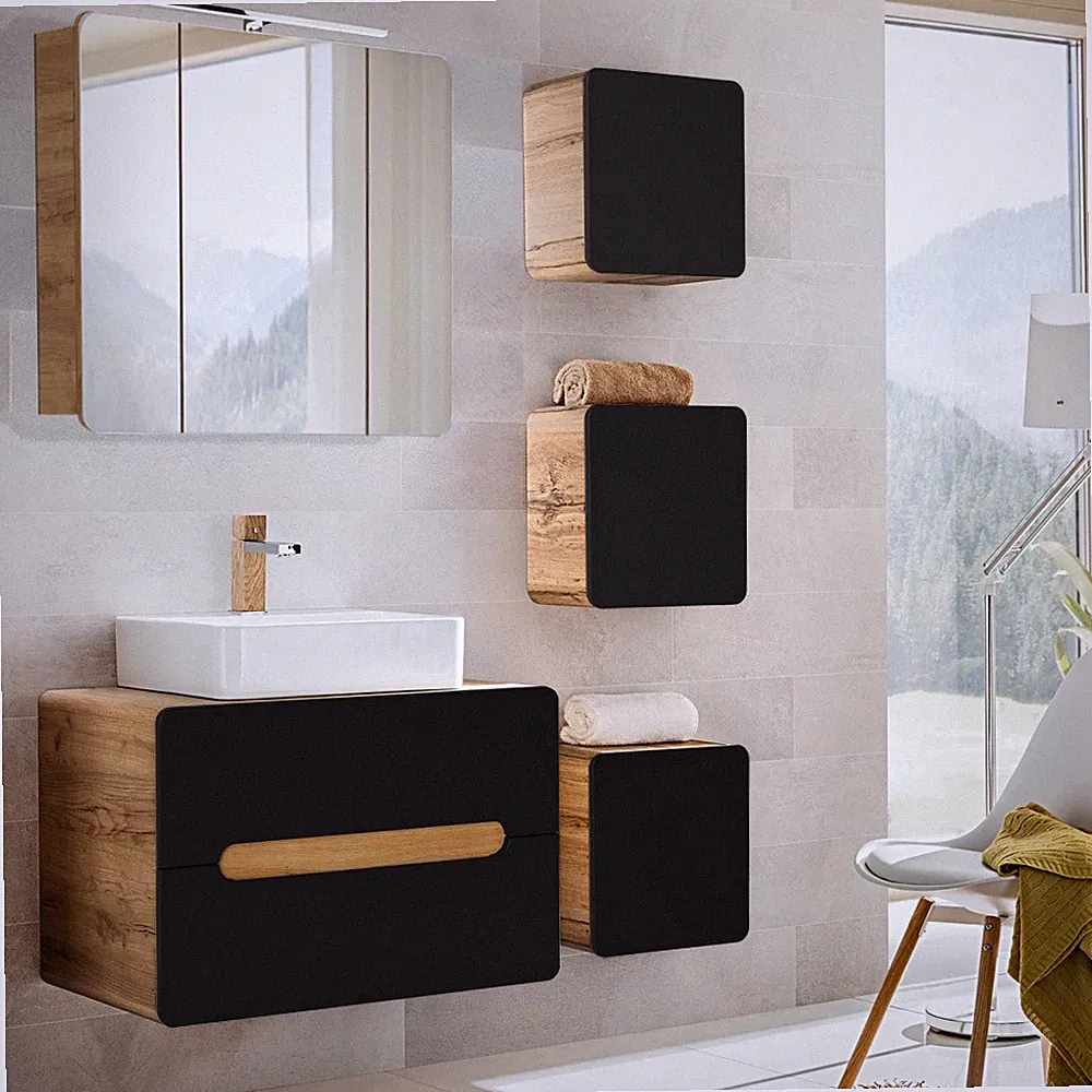 Badezimmer Badmöbel Komplett Set 80cm Waschtisch LED Spiegelschrank Badschränke