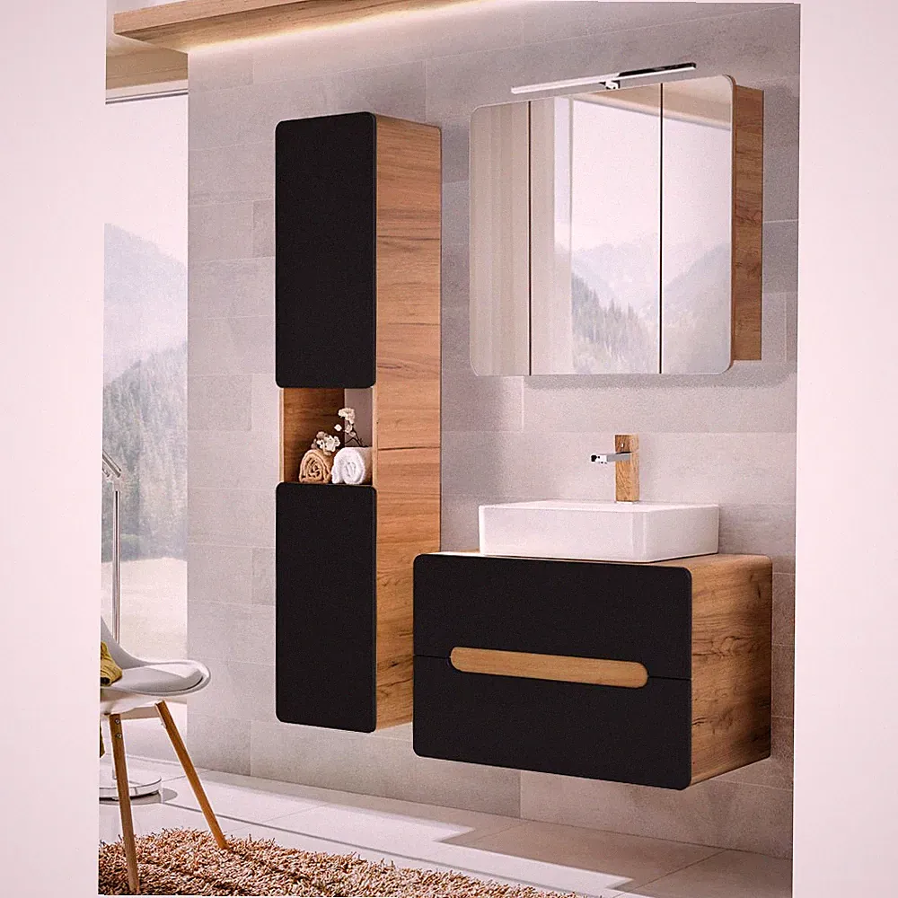 Badezimmer Badmöbel Komplett Set 80cm Waschtisch LED Spiegelschrank Hochschrank