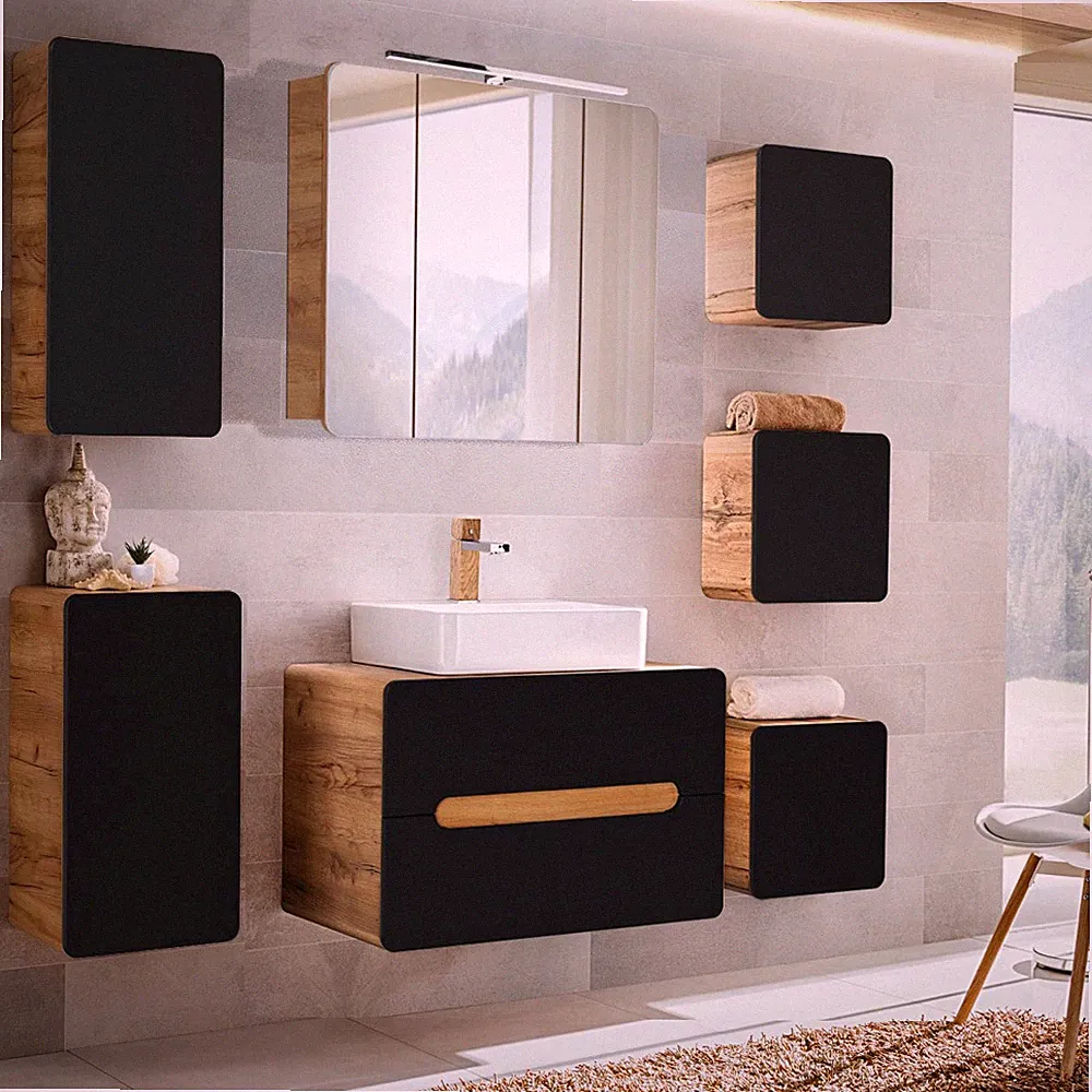 Badezimmer Badmöbel Komplett Set anthrazit Keramik Waschtisch LED Spiegelschrank