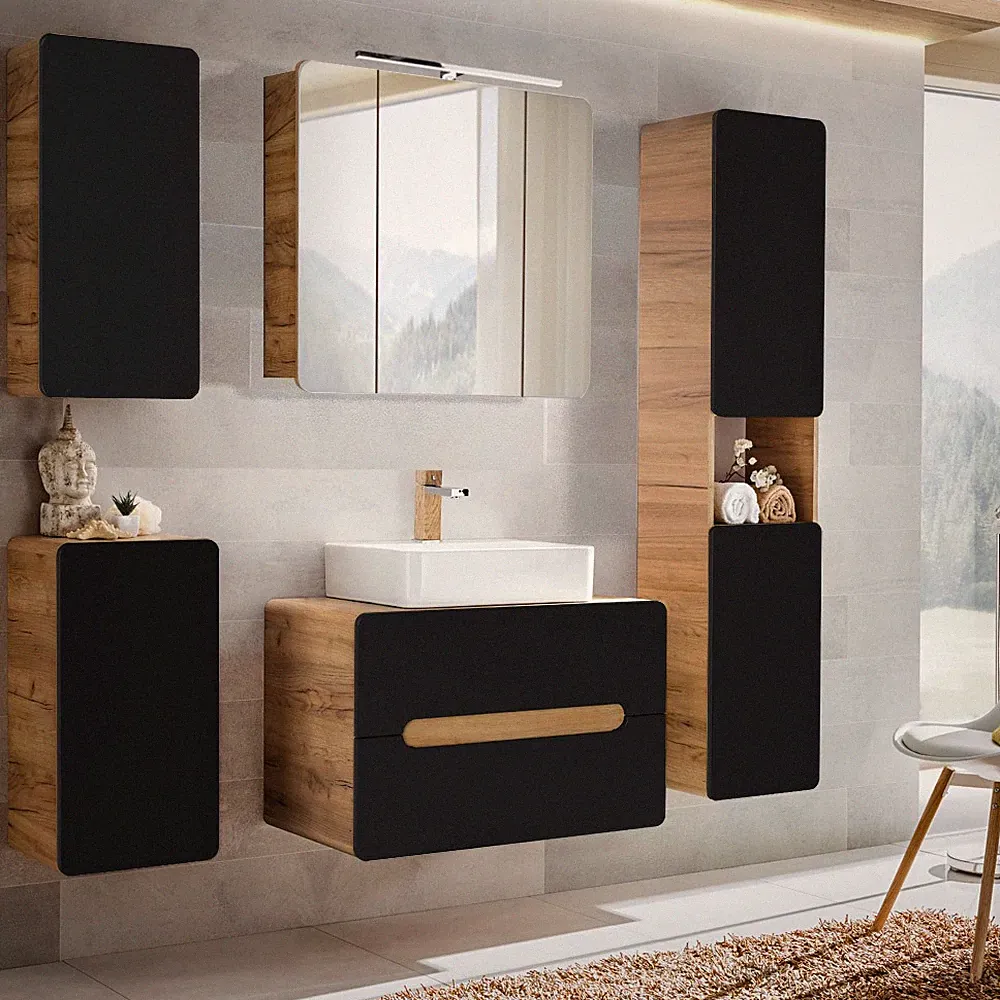 Badezimmer Badmöbel Komplett Set anthrazit Keramik Waschtisch LED Spiegelschrank