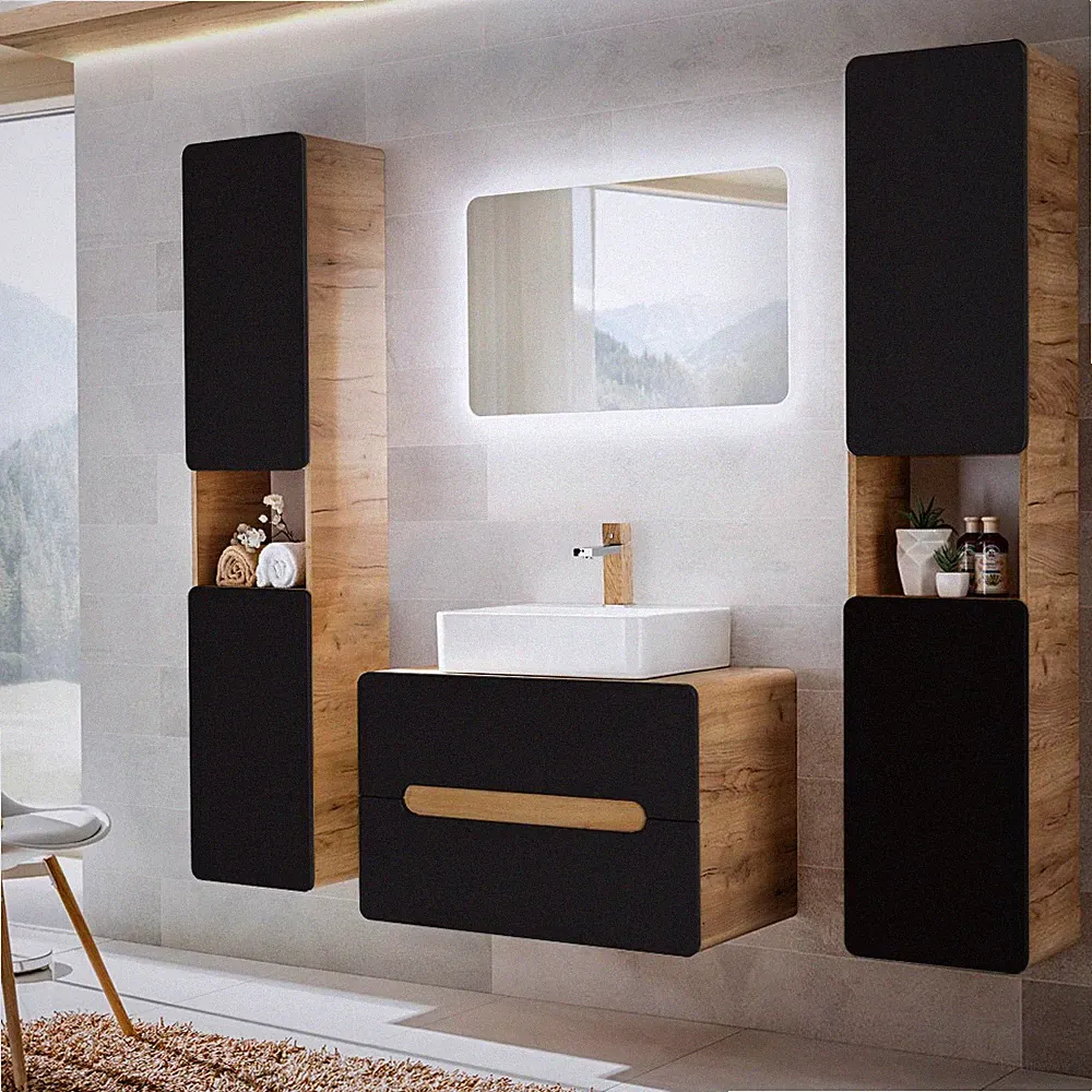 Badezimmer Badmöbel Komplett Set anthrazit Keramik Waschtisch Spiegel Badschrank