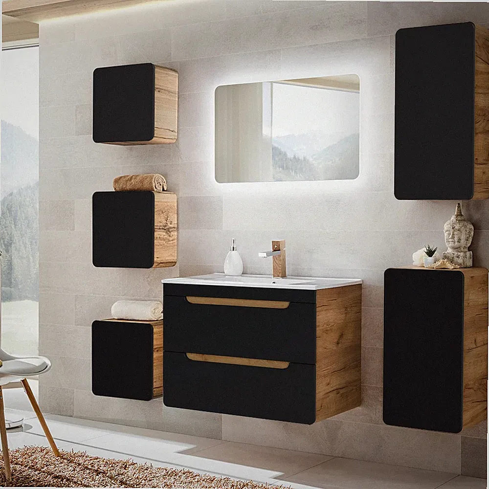Badezimmer Badmöbel Komplett Set anthrazit Keramik Waschtisch Spiegel Badschrank