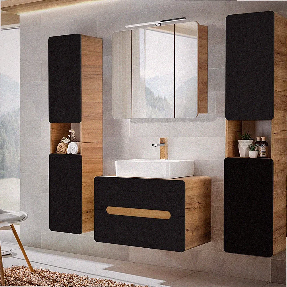 Badezimmer Badmöbel Komplett Set anthrazit Waschtisch Spiegelschrank Badschränke