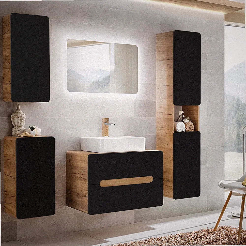 Badezimmer Badmöbel Komplettset anthrazit 80cm Waschtisch LED Spiegel Badschrank