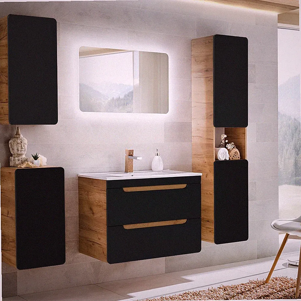 Badezimmer Badmöbel Komplettset anthrazit 81cm Waschtisch LED Spiegel Badschrank