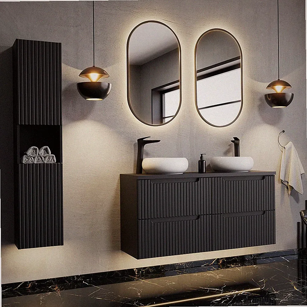 Badezimmer Badmöbel Set 120cm Waschtisch schwarz gerillt Aufsatzwaschbecken Bad