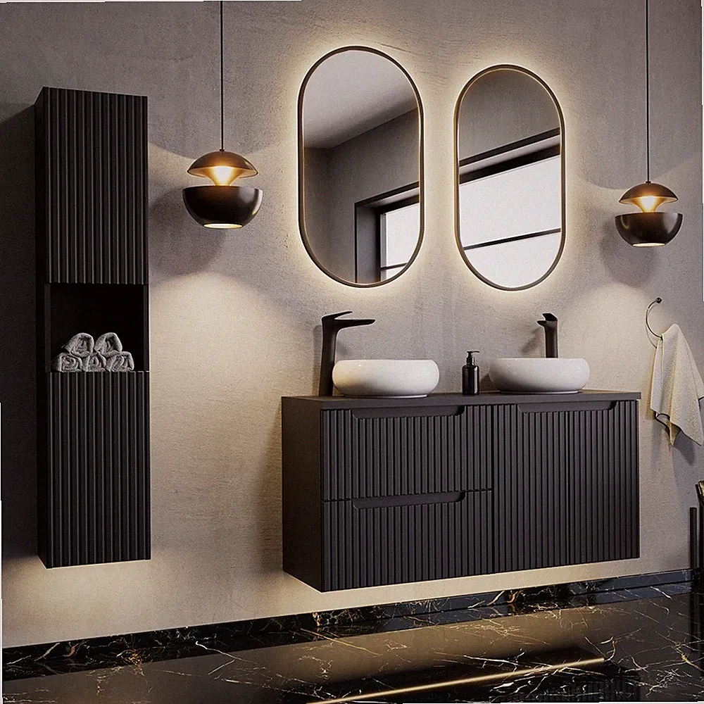 Badezimmer Badmöbel Set 120cm Waschtisch schwarz gerillt LED Spiegel Waschbecken