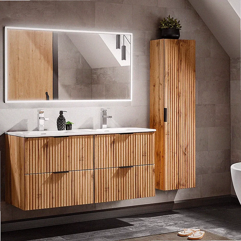 Badezimmer Badmöbel Set 120cm Waschtisch Waschbecken Hochschrank Eiche gerillt