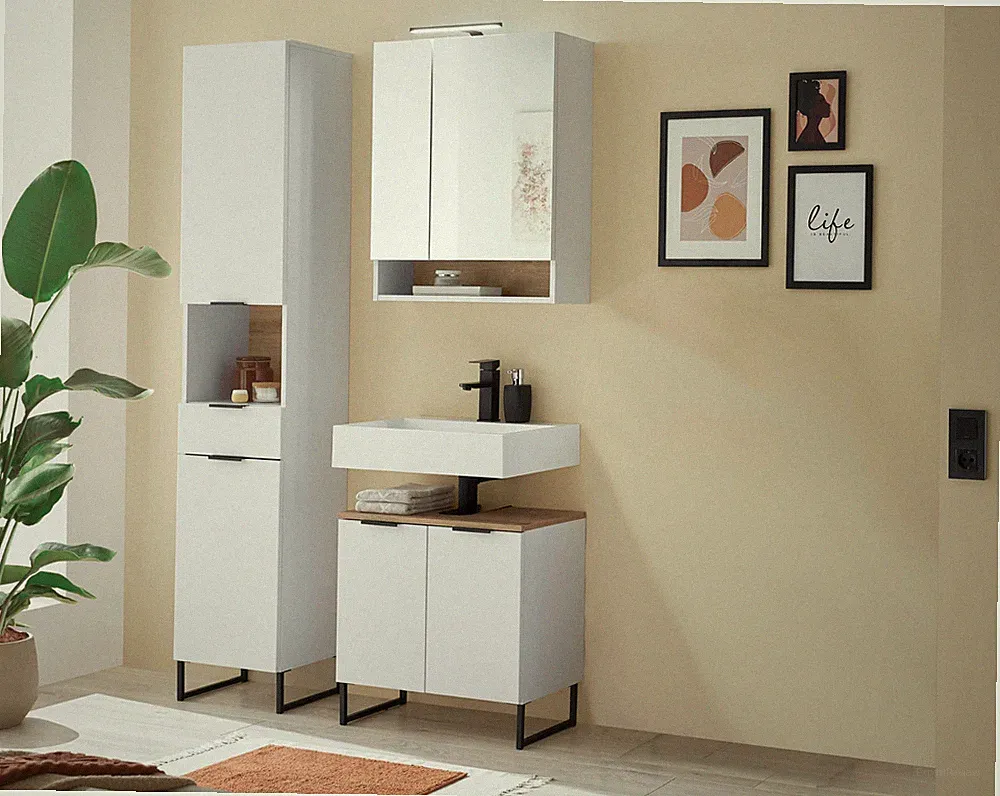 Badezimmer Badmöbel -Set ASPEN 60 cm Hochschrank Spiegelschrank Wbu Set 2