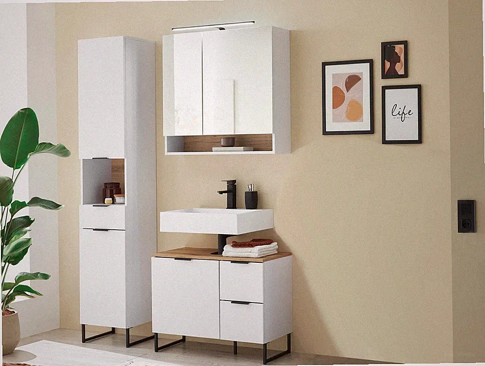 Badezimmer Badmöbel -Set ASPEN 80 cm Hochschrank Spiegelschrank Wbu Set 2