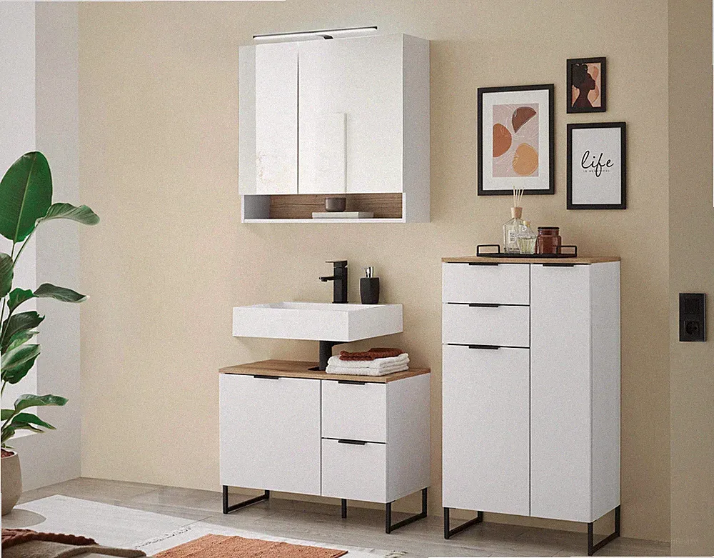 Badezimmer Badmöbel -Set ASPEN 80 cm Spiegelschrank Wbu Highboard Set 3