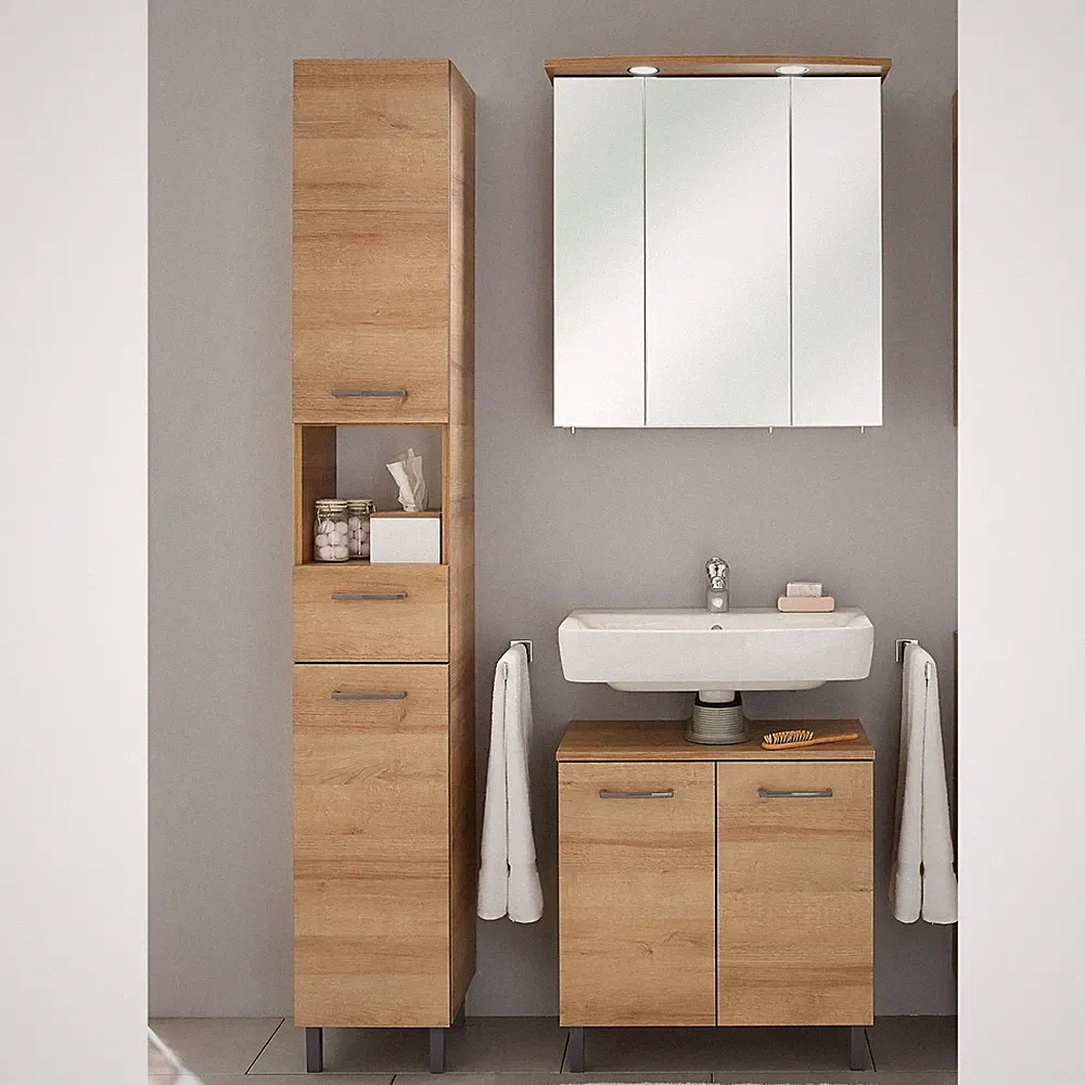 Badezimmer Badmöbel Set Eiche LED Spiegelschrank Hochschrank Waschbeckenschrank