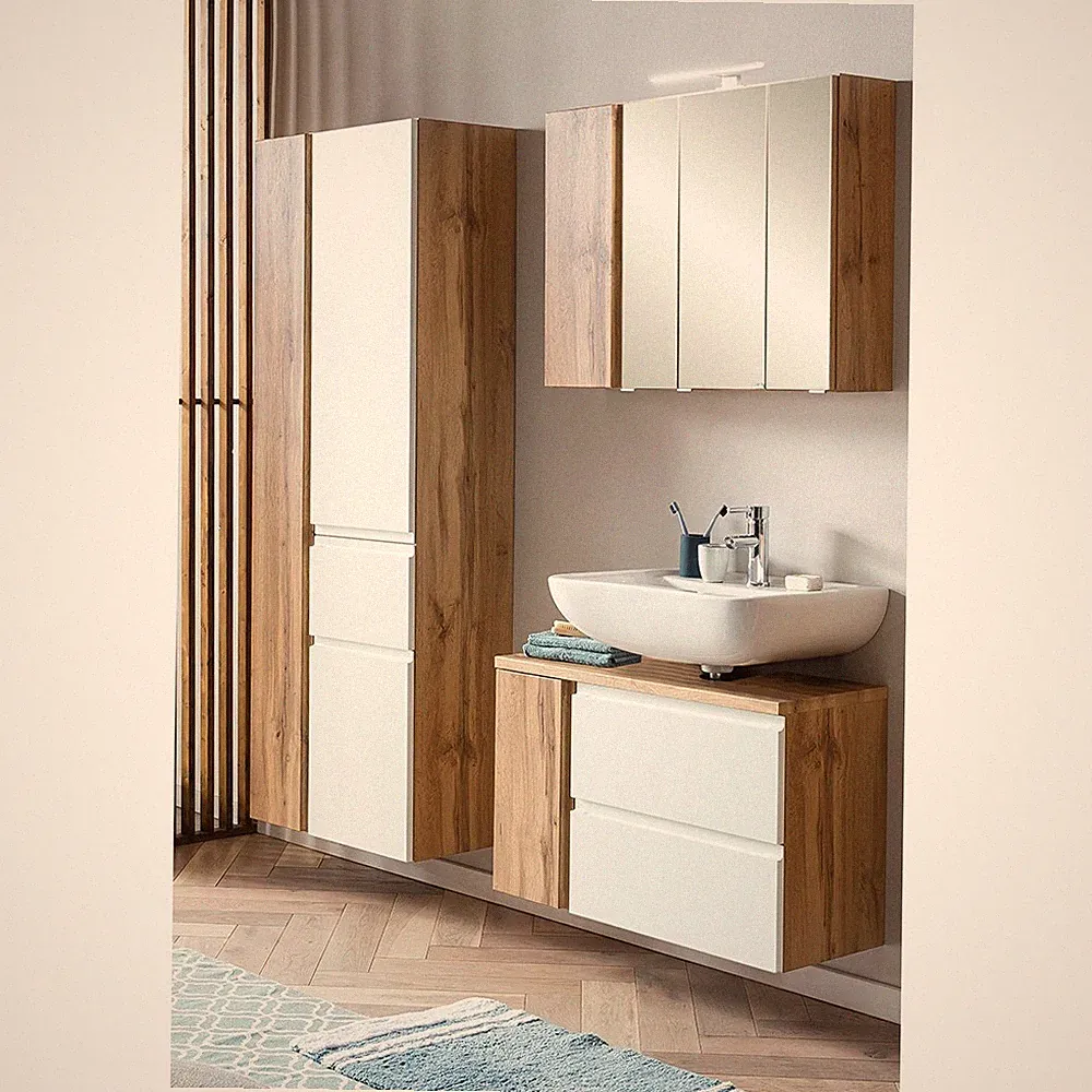 Badezimmer Badmöbel Set Eiche weiß Spiegelschrank Waschbeckenschrank Hochschrank