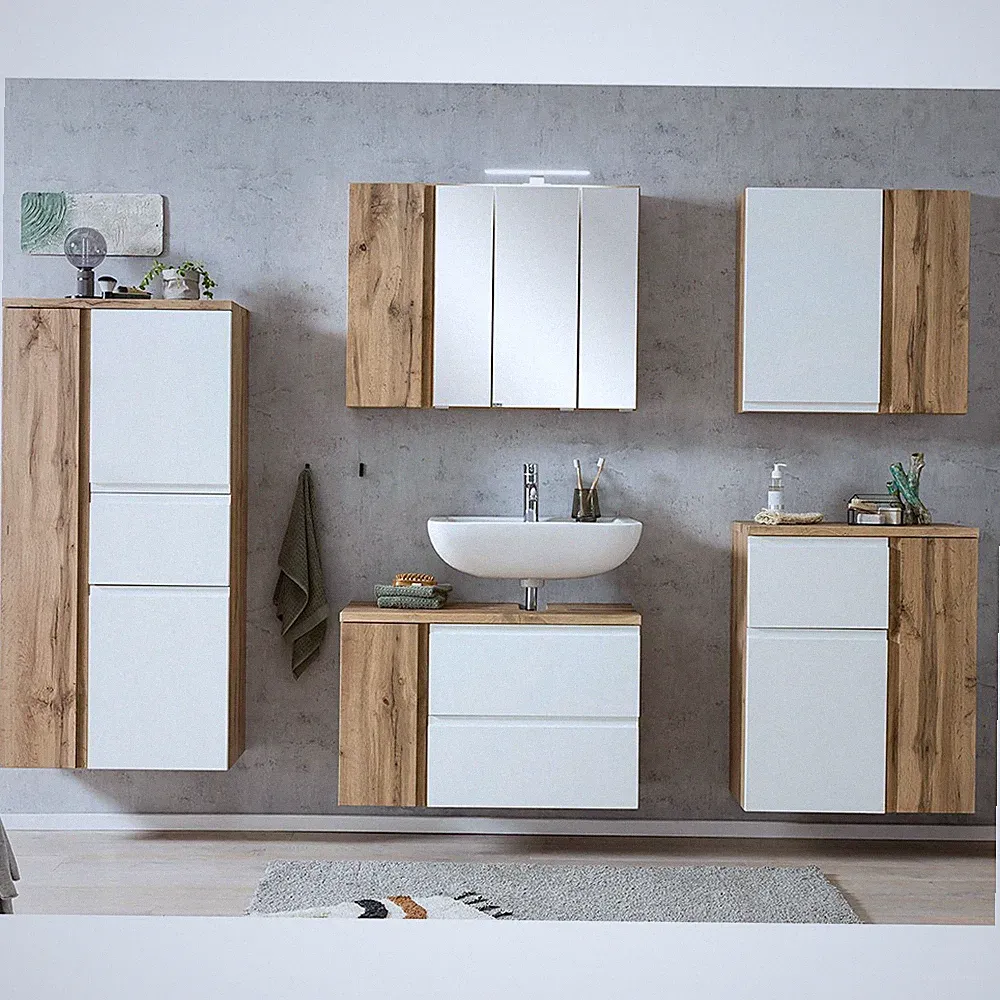 Badezimmer Badmöbel Set Eiche weiß Spiegelschrank Waschbeckenschrank Midischrank