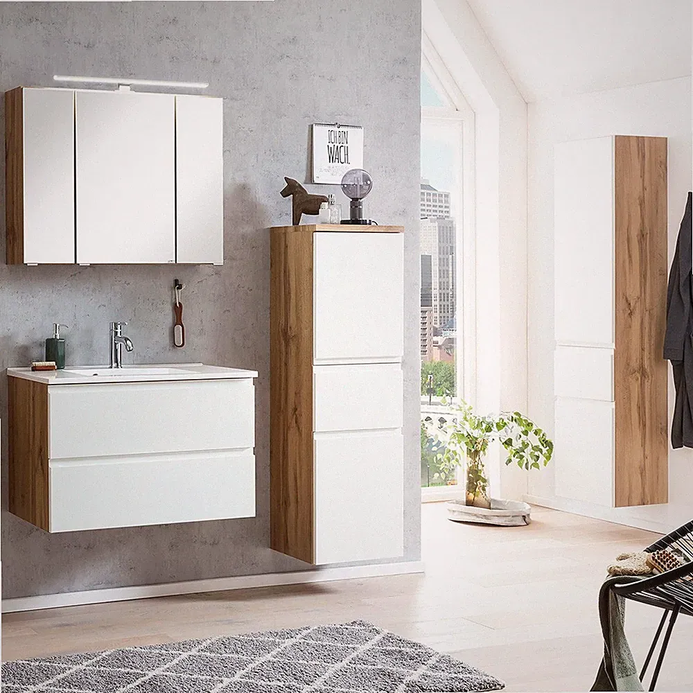 Badezimmer Badmöbel Set Eiche weiß Spiegelschrank Waschbeckenschrank Waschbecken