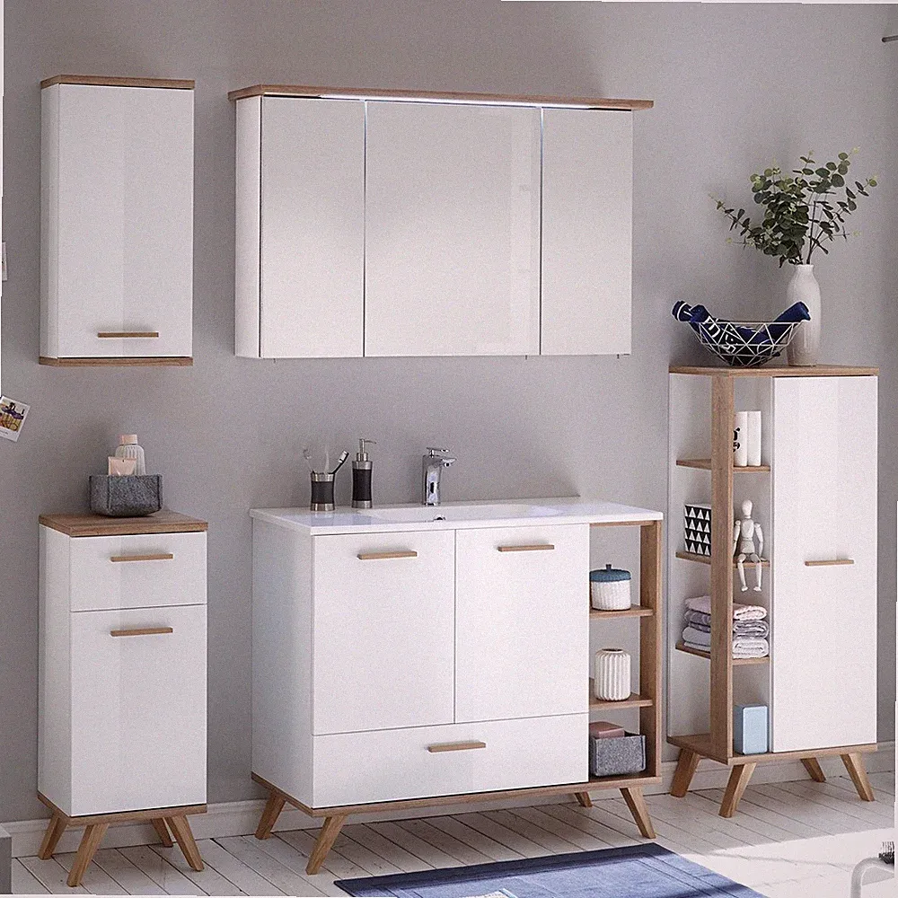 Badezimmer Badmöbel Set Glanz weiß Eiche Waschtisch-Unterschrank Spiegelschrank