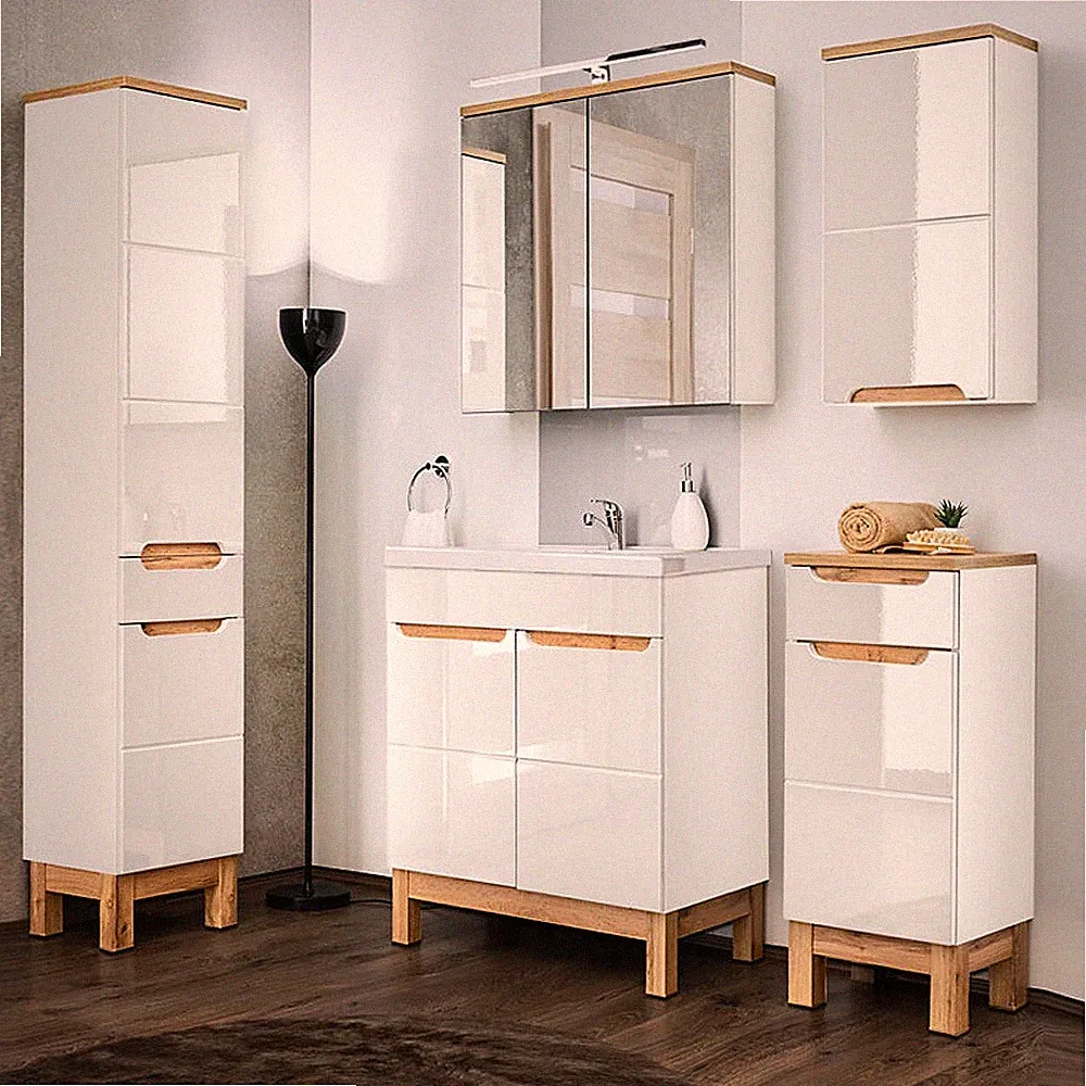 Badezimmer Badmöbel Set Hochglanz Keramikbecken Waschtisch LED Spiegelschrank