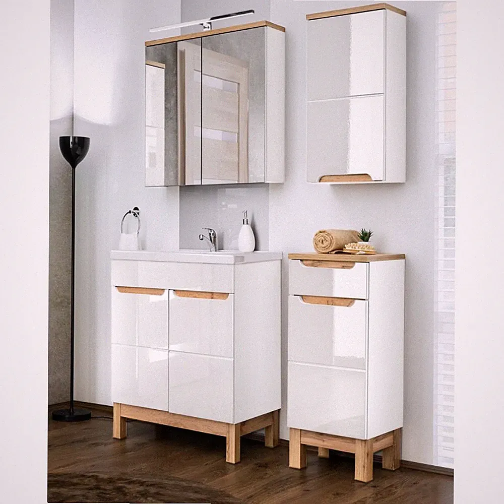 Badezimmer Badmöbel Set Hochglanz Keramikbecken Waschtisch LED Spiegelschrank